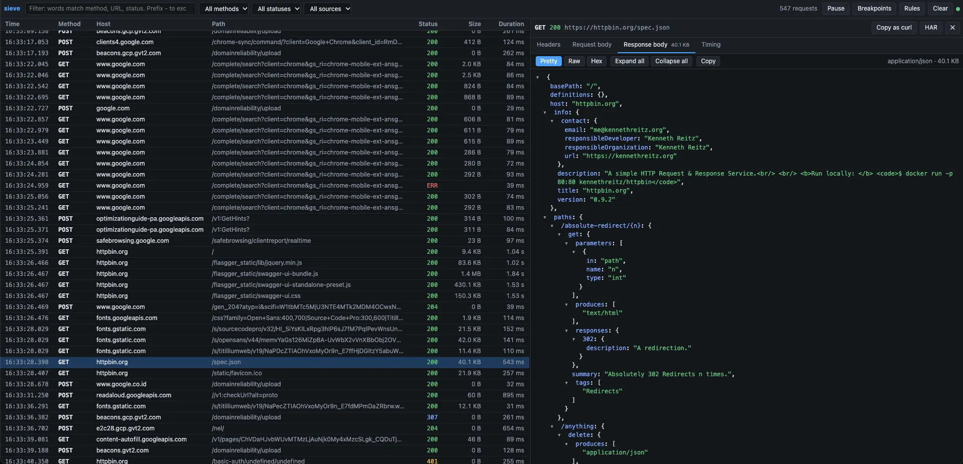 The sieve web UI. A table of requests with method, host, path, status, size, and duration on the left. On the right, a JSON response from httpbin.org is open as an expandable tree.
